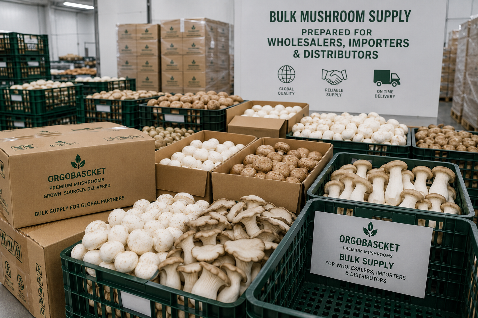 Bulk mushroom supply prepared for wholesalers, importers and distributors