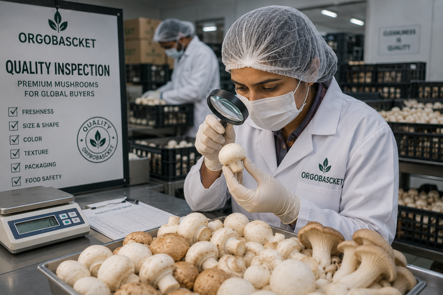 Quality inspection of premium mushrooms sourced by ORGOBASCKET for global buyers